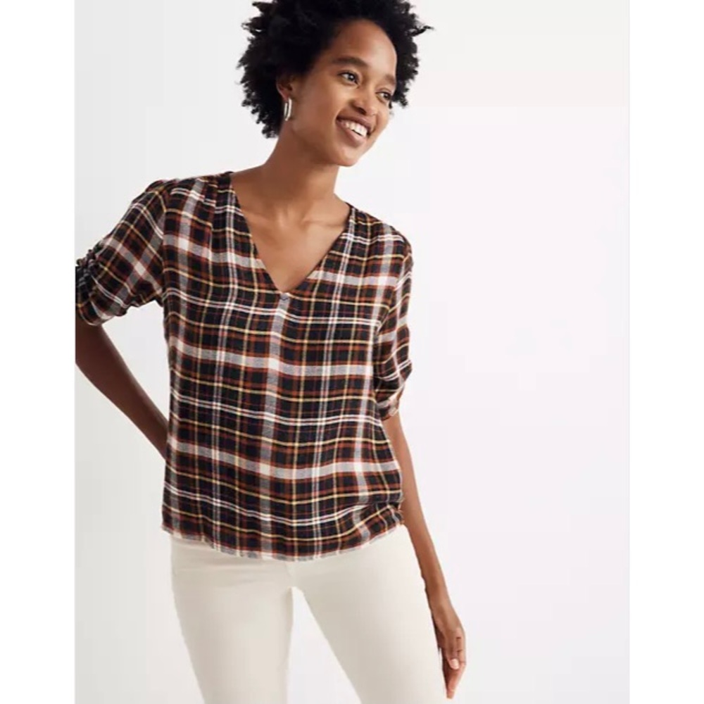Madewell Plaid Cinch-Sleeve Top XXS